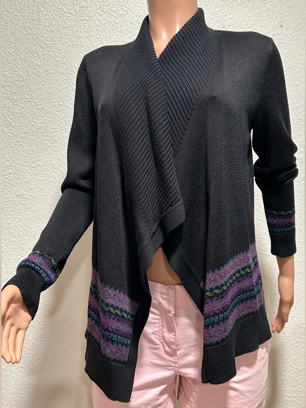 Ralph Lauren Black Open-Front Cardigan with Purple and Green Trim